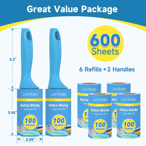 Extra Sticky Lint Roller With 600 Sheets, Easy Spiral Tear For Effortless Sheet Removal, Ergonomic Handle, Multipurpose Pet Hair Remover