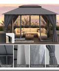 10x13 Outdoor Gazebo With Mosquito Netting And Privacy Screens in gray with double roof and powder coated metal frame.