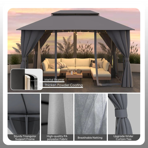 10x13 Outdoor Gazebo With Mosquito Netting And Privacy Screens in gray with double roof and powder coated metal frame.