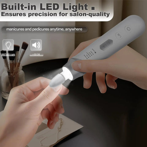 Cordless Electric Nail File Drill With Rugged 2000 Mah Battery And Bright Led Lamp Real Deal Professional Manicure Pedicure Kit in use on a finger.