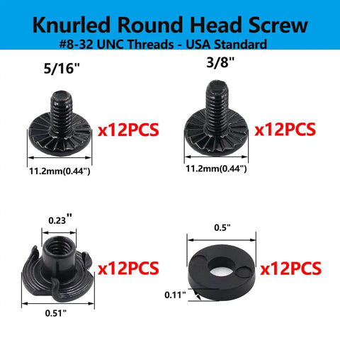 Hardcore Black Eight Thirty Two Gun Holster Screws And Rock Solid T Nuts Fastener Kit With Hex Driver For Kydex Plates And Leather Sheath No Fuss Install - Knurled round head screws, size 5/16" and 3/8".