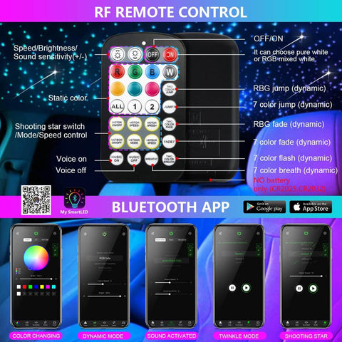 Dual Color Fiber Optic Star Ceiling Kit With App And Remote Control, remote and app interface display for twinkle music sync lighting