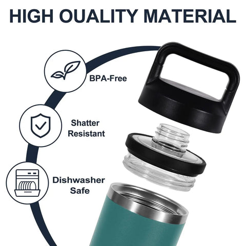 Screw Top Lid Replacement For Rambler Bottle 18 26 36 46 64 Oz No Spill Chug Cap shown disassembled with BPA-free, shatter resistant features.