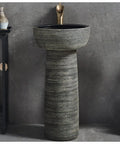 No Cap Top Tier Handmade Ceramic Vessel Bathroom Sink Set With Heavy Duty Pedestal Base And Included Faucet Hardware, stylish gray pedestal sink