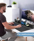 Office setup with 5 In 1 Desk Pad Organizer Set With Large Mouse Pad, Phone Stand, Cup Holder, Pen Holder, Storage Box And Card Case