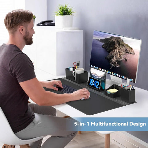 Office setup with 5 In 1 Desk Pad Organizer Set With Large Mouse Pad, Phone Stand, Cup Holder, Pen Holder, Storage Box And Card Case
