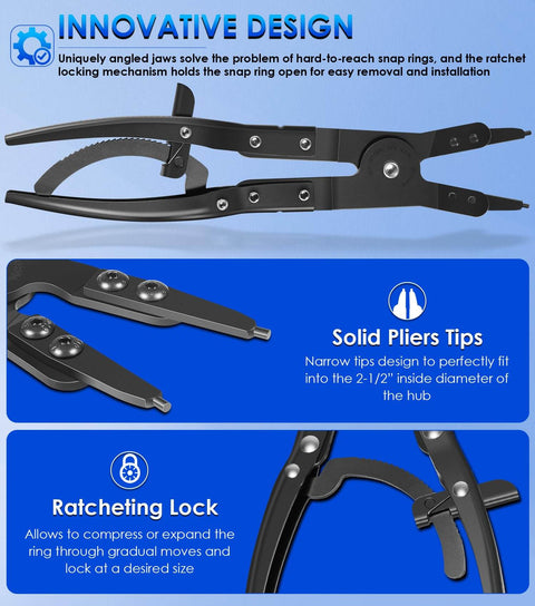 Upgraded Spindle Snap Ring Pliers For Ford Super Duty 2007 And Newer Heavy Duty Internal External Snap Ring Tools With Ratchet Locking Mechanism shown in close-up view with ratchet locking mechanism and solid pliers tips.