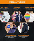 DIY 58mm Button Maker Machine Kit for badges, showing various badge styles like DIY crafts, souvenirs, and activity badges.
