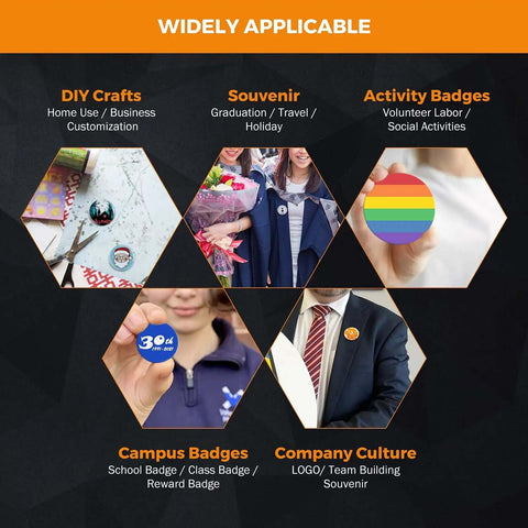 DIY 58mm Button Maker Machine Kit for badges, showing various badge styles like DIY crafts, souvenirs, and activity badges.