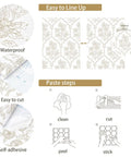Beige Floral Peel And Stick Wallpaper With Delicate Arched Accents. Easy DIY removable wall decor roll features waterproof, self-adhesive details.