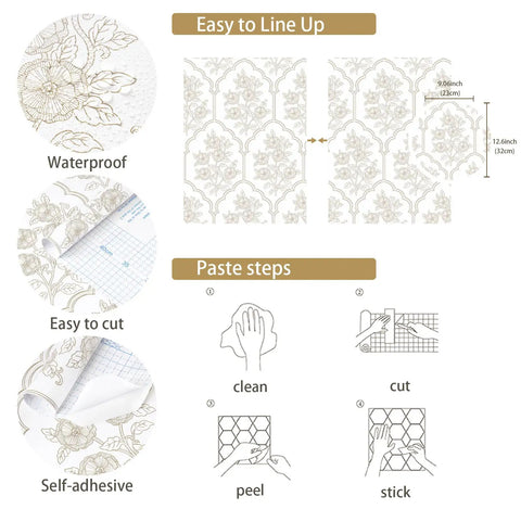 Beige Floral Peel And Stick Wallpaper With Delicate Arched Accents. Easy DIY removable wall decor roll features waterproof, self-adhesive details.