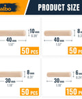 Wood Dowel Pins Set 300 Pack Assorted Sizes 6x30mm 8x30mm 8x40mm 10x40mm fluted birch dowels product size chart