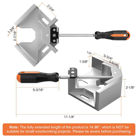 Right Angle Corner Clamp 4 Pack With Single Handle, 90 Degree Aluminum Alloy Pro-Grade Woodworking Clamps with measurements