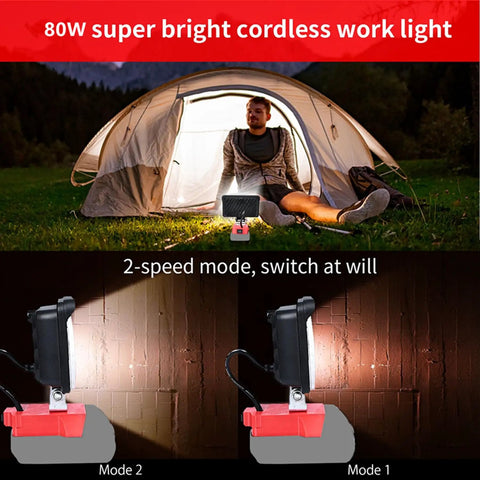 Cordless LED Work Light For Milwaukee M18 Batteries, 80W 6000LM camping use, illuminating tent with adjustable head