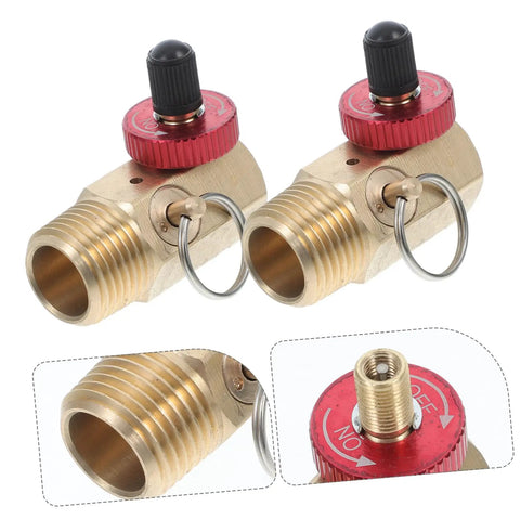 Rock Solid Brass Safety Valve For Air Tank Manifold With Fill Port And Npt Hose Valve Compressor Accessory For Safe Inflation And Pressure Control Built Tough Hella Reliable Two Pack, showing two brass pressure relief valves.
