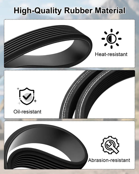 Top Tier Serpentine Drive Belt Fits Acura ILX Honda Civic L4 2.4L 2012-15 showing heat-resistant, oil-resistant, and abrasion-resistant features.