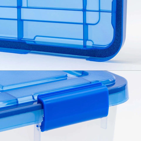 Close-up of 60-Quart Clear Airtight Storage Totes with Secure Latching Lid stackable container detail.