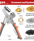 Grommet Tool Kit 3/8 Inch Heavy Duty Eyelet Pliers with 300 pcs 10mm metal grommets set showing gold, silver, black grommets and pliers