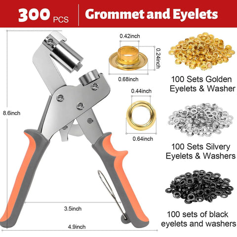 Grommet Tool Kit 3/8 Inch Heavy Duty Eyelet Pliers with 300 pcs 10mm metal grommets set showing gold, silver, black grommets and pliers
