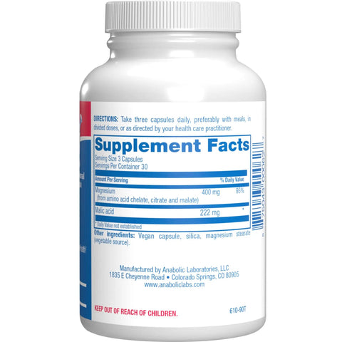 Mega Strong Magnesium Complex 400 Mg Chelated With Glycinate Malate And Citrate For Real Muscle Nerve Bone And Digestive Health Support One Month Supply bottle label