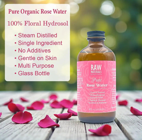 One Ingredient Pure Organic Rose Water Hydrosol Mist For Hydrating Facial Toner And Skincare For Face, Body, And Hair, Vegan Beauty In Glass Bottles 8 Oz shown with rose petals on wood