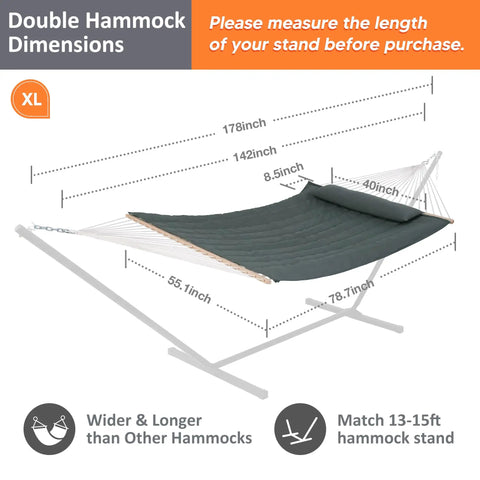 Portable Double Rope Hammock With Pad For Two People Garden Backyard Patio Poolside Gray Green With Quilted Reversible Pad