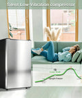 Effortless 3.6 Cu Ft Upright Freezer Glossy Silver with silent low-vibration compressor in modern living room setting.