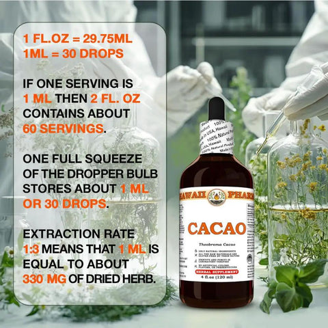 Hawaiian Raw Cacao Bean Tincture Liquid Extract Made In Hawaii All Natural Vegan Antioxidant Rich Superfood Pure Theobroma Cacao Based Extract 32 Fl Oz bottle next to lab equipment