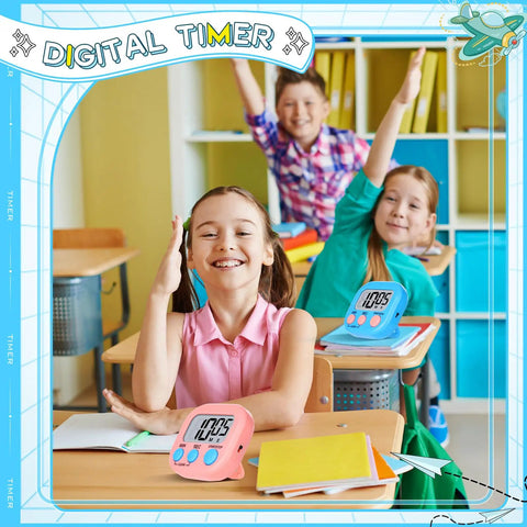 Children using Digital Kitchen Timer Set With 12 Pack Magnetic Timers in 6 Bright Colors during classroom activities.