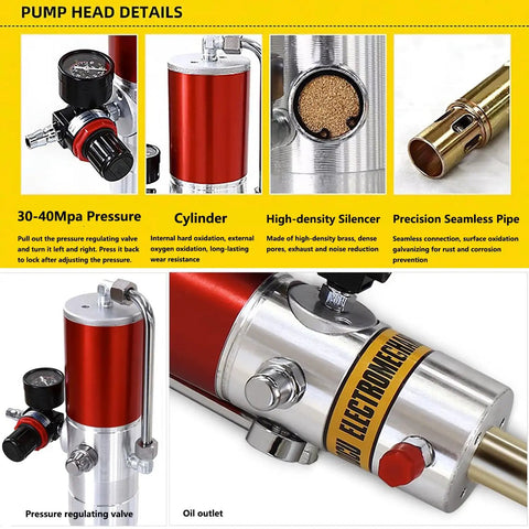 Heavy Duty 50:1 Air Powered Grease Pump With 16 Foot Hose Fits 55 Gallon Drums, featuring pressure gauge and oil outlet.