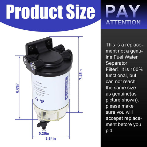 Diagram showing dimensions of Fuel Water Separator Marine Kit For Outboard Motors With Three Eighth Barb And One Quarter NPT