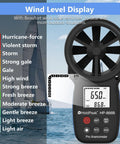 Handheld Anemometer With Digital Wind Speed Gauge And Temperature Readout, Real Time Wind Velocity Meter For CFM Calculations, Pro Grade, Great For HVAC, Outdoor Sailing, Shooting, And Golf. Black handheld anemometer with digital LCD and wind level display.