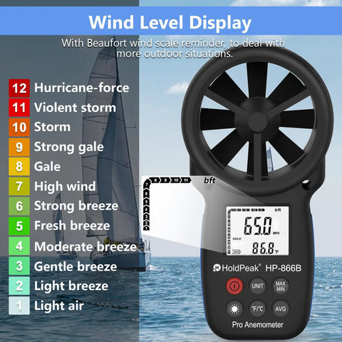 Handheld Anemometer With Digital Wind Speed Gauge And Temperature Readout, Real Time Wind Velocity Meter For CFM Calculations, Pro Grade, Great For HVAC, Outdoor Sailing, Shooting, And Golf. Black handheld anemometer with digital LCD and wind level display.