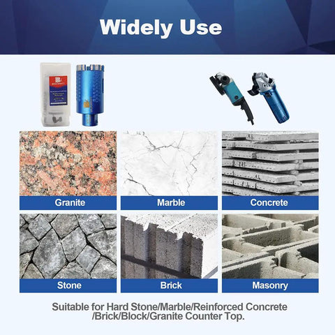 2 Inch Diamond Core Drill Bit Laser Welded Hole Saw With Five Eighths Eleven Thread For Granite Marble Hard Stone Reinforced Concrete Dry Or Wet Drilling 50mm Length, showing diverse materials like granite and marble