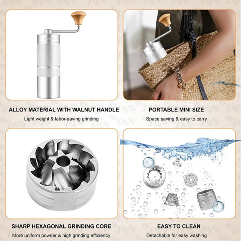 M6 Manual Coffee Grinder With Hexagonal Conical Burrs And Double Bearings For Smooth Grinding, showcasing parts and portability