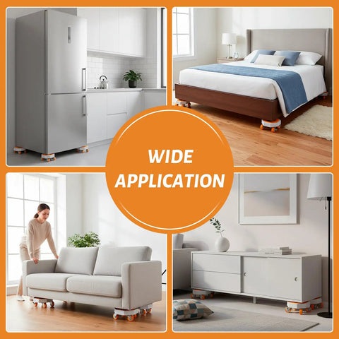 Heavy Duty Furniture Dollies With 360 Degree Rotating Rubber Wheels under a refrigerator, bed, and couch for easy transport.