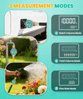 Metal Water Flow Meter Three Quarters Inch GHT Garden Hose Thread Brass Fittings installed on RV with digital display showing measurement modes