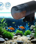 Smart Wireless Fish Feeder With App Control And Timer For Aquariums Three Port Dry Food Dispenser dispensing food in aquarium with goldfish.