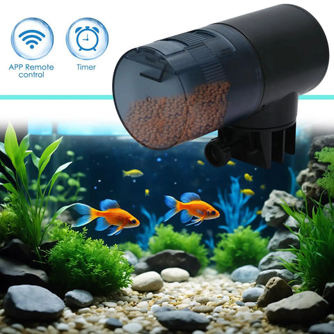Smart Wireless Fish Feeder With App Control And Timer For Aquariums Three Port Dry Food Dispenser dispensing food in aquarium with goldfish.