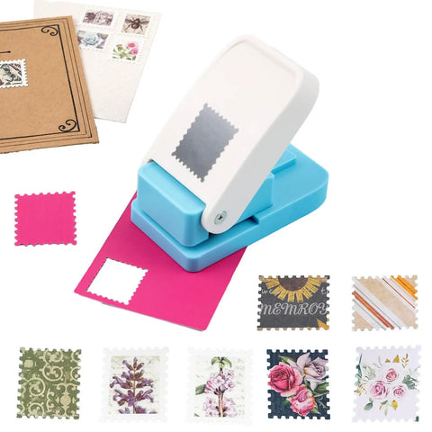 Lever Action Postage Stamp Punch 1x0.8 Inch Rectangular Stamp Shaped Paper Punch for Scrapbooking in use, blue and white