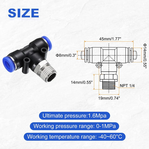 8mm Pneumatic Air Line Fitting Tee NPT 1 Quarter Inch Quick Push To Connect Brass Branch Tee Connector with diagram