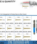 420 Piece Flat Head Phillips Wood Screws Assortment Kit size guide showing screw measurements and quantities in a chart.