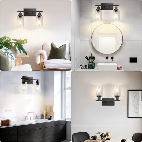Two Light Modern Bathroom Vanity Light Fixtures With Clear Glass Shades Matte Black Wall Sconce Lighting above sink and mirror
