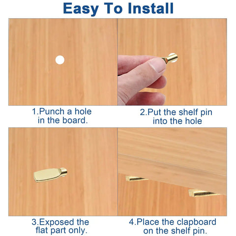 Step-by-step instructions for installing Heavy Duty Gold Plated Shelf Pegs 30 Piece Set 6mm Spoon Support Pins For Adjustable Cabinets Display Racks.