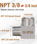 Side view of Napredak 90-degree NPT elbow fitting, 3/8 in male to 3/8 in female, stainless steel 304