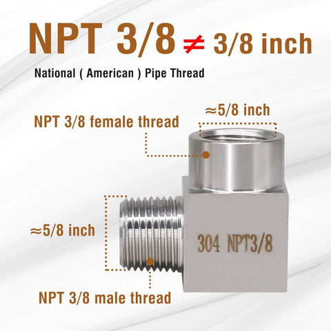 Side view of Napredak 90-degree NPT elbow fitting, 3/8 in male to 3/8 in female, stainless steel 304