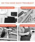 Grid collage showing damaged furniture, incomplete tool set, jumbled tools, and expensive on-site repair concerns.