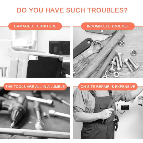 Grid collage showing damaged furniture, incomplete tool set, jumbled tools, and expensive on-site repair concerns.