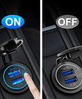 Dual Quick Charge 3.0 Auto Charger With Responsive Touch Switch Plus 12V Accessory Socket showing ON and OFF states.
