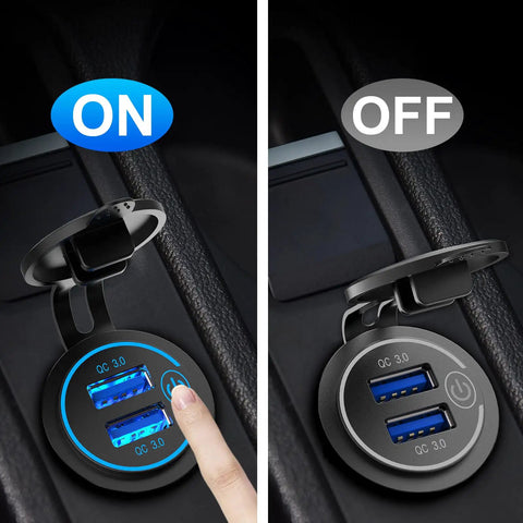 Dual Quick Charge 3.0 Auto Charger With Responsive Touch Switch Plus 12V Accessory Socket showing ON and OFF states.